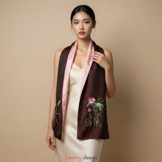 Khăn lụa 2 mặt nâu thêu hoa sen 25*200 cm- Mẫu 1